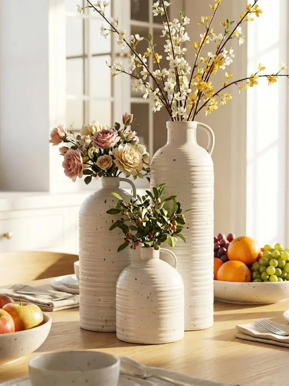 3-Piece Farmhouse Ceramic Vase Set White